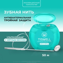 з/п Tiswell зубная нить Антибактериальная вощеная с мятным вкусом 50 м